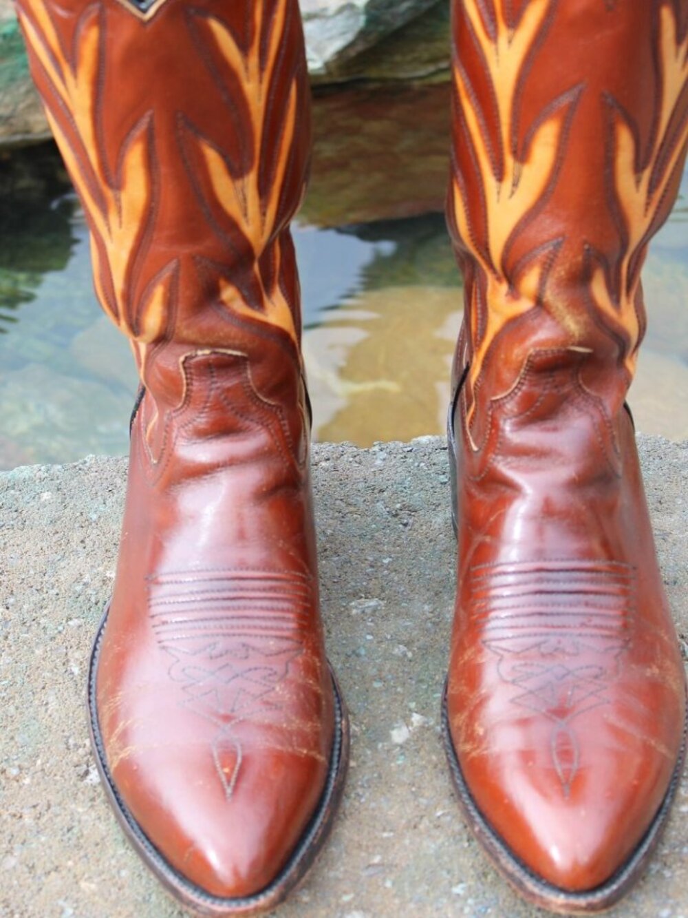 Dan Post rust calfskin with gold flame inlay Men's Western Cowboy Boots Size 9D